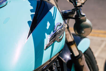 Limassol Cyprus June 19, 2020 Closeup of the mechanical part of a motorbike parked in the streets of...