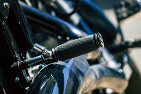 Limassol Cyprus June 19, 2020 Closeup of the mechanical part of a motorbike parked in the streets of...