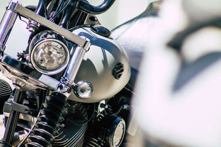 Limassol Cyprus June 19, 2020 Closeup of the mechanical part of a motorbike parked in the streets of...