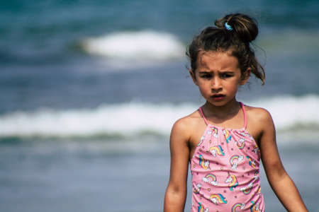 Tel Aviv Israel August 26, 2019 View of unknown Israeli kid having fun on the beach of Tel Aviv during a sunny day in the afternoonのeditorial素材