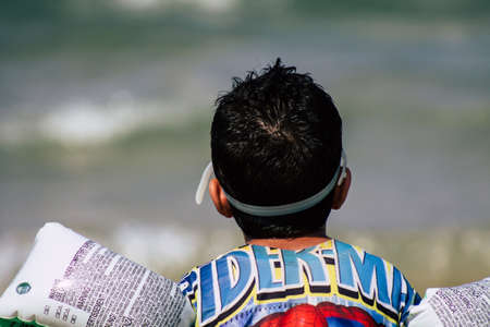 Tel Aviv Israel August 26, 2019 View of unknown Israeli kid having fun on the beach of Tel Aviv...