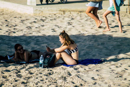 Tel Aviv Israel October 08, 2019 View of unknowns people having fun on the beach of Tel Aviv in the afternoonのeditorial素材