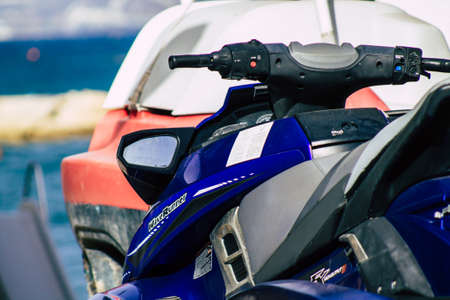 Limassol Cyprus June 10, 2020 Closeup of a jet skI, a type of personal watercraft used mainly for recreation, parked at a water sport place on Limassol beach in Cyprus Islandのeditorial素材