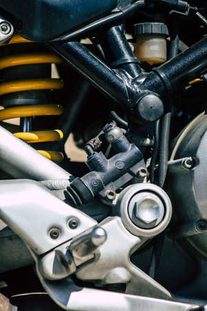 Limassol Cyprus June 26, 2020 Closeup of a Ducati motorcycle parked in the streets of Limassol in...