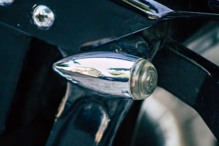 Limassol Cyprus June 26, 2020 Closeup of a Harley Davidson motorcycle parked in the streets of...