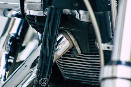 Limassol Cyprus June 26, 2020 Closeup of a Harley Davidson motorcycle parked in the streets of...