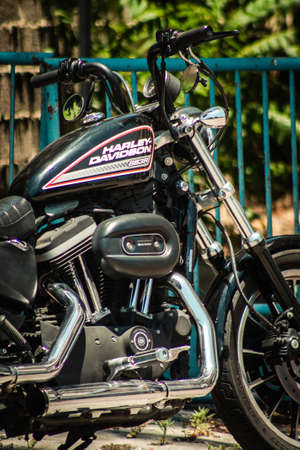 Limassol Cyprus June 27, 2020 Closeup of a Sportster 883R Harley Davidson motorcycle parked in the...