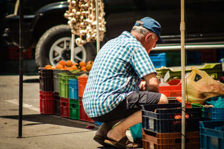 Limassol Cyprus June 27, 2020 View of unidentified people shopping at the Limassol vegetable and fruits market in the morningのeditorial素材