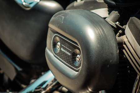 Limassol Cyprus June 27, 2020 Closeup of a Sportster 883R Harley Davidson motorcycle parked in the...