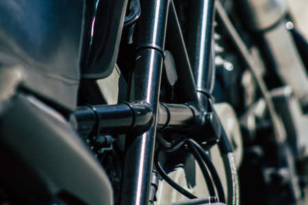 Limassol Cyprus June 26, 2020 Closeup of a Ducati motorcycle parked in the streets of Limassol in...