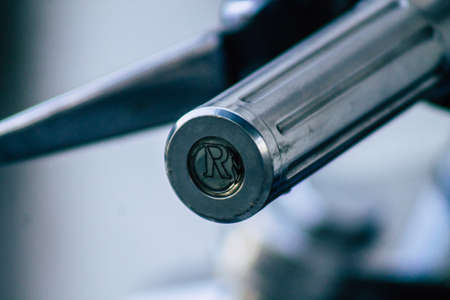 Limassol Cyprus June 26, 2020 Closeup of a Harley Davidson motorcycle parked in the streets of...