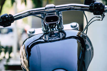 Limassol Cyprus June 26, 2020 Closeup of a Harley Davidson motorcycle parked in the streets of Limassol in Cyprus Islandのeditorial素材