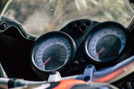 Limassol Cyprus June 26, 2020 Closeup of a Ducati motorcycle parked in the streets of Limassol in...