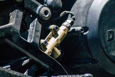 Limassol Cyprus June 23, 2020 Closeup of a Ducati Monster motorcycle parked in the streets of...