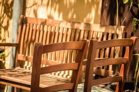 Closeup of chairs from a restaurant located in the old city of Limassol in Cyprus islandの写真素材
