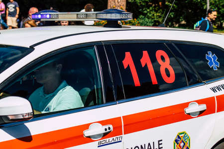 Rome Italy September 29, 2019 View of a Italian ambulance driving through the streets of Rome in the...