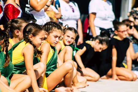 Rome Italy September 29, 2019 Celebrations of the 150th anniversary of the Italian gymnastics federation, public demonstration of young gymnasts in the streets of Rome near the Coliseumのeditorial素材
