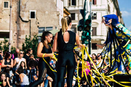 Rome Italy September 29, 2019 Celebrations of the 150th anniversary of the Italian gymnastics federation, public demonstration of young gymnasts in the streets of Rome near the Coliseumのeditorial素材