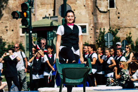 Rome Italy September 29, 2019 Celebrations of the 150th anniversary of the Italian gymnastics federation, public demonstration of young gymnasts in the streets of Rome near the Coliseumのeditorial素材