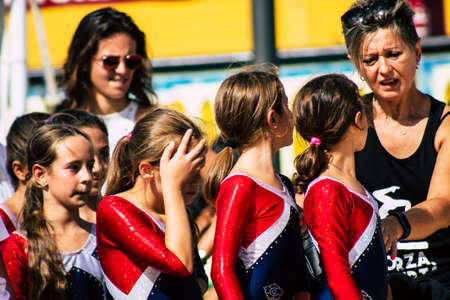 Rome Italy September 29, 2019 Celebrations of the 150th anniversary of the Italian gymnastics federation, public demonstration of young gymnasts in the streets of Rome near the Coliseumのeditorial素材
