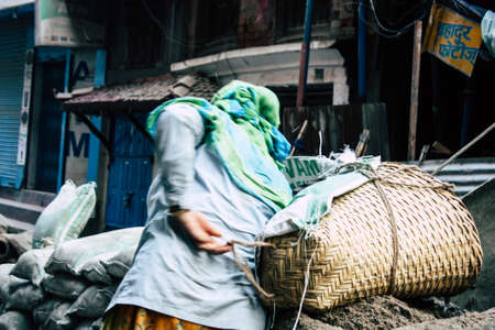 Kathmandu Nepal August 24, 2018 View of unknowns Nepali worker building a new house in Durbar street...
