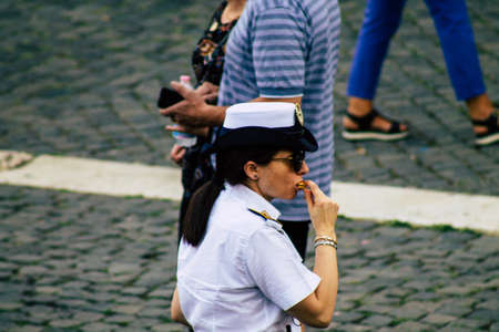 Rome Italy September 29, 2019 View of a Italian police officer on protection mission of the Coliseum of Rome in the morningのeditorial素材