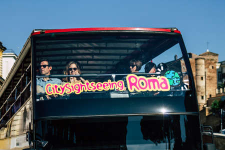 Rome Italy September 29, 2019 View of a tourist bus rolling through the streets of Rome in the...