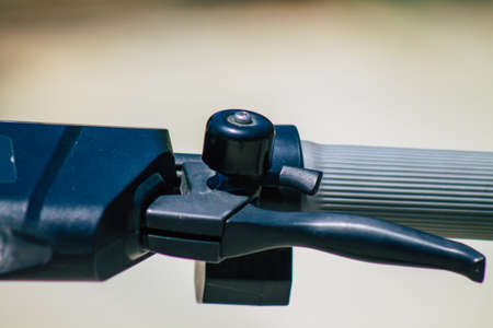 Nicosia Cyprus 04 July 2020 View of electric scooters to hire, operating with a small utility internal combustion engine and a large deck in the center  parked in the streets of Nicosia, Cyprusの写真素材