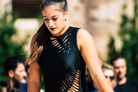 Rome Italy September 29, 2019 Celebrations of the 150th anniversary of the Italian gymnastics federation, public demonstration of young gymnasts in the streets of Rome near the Coliseumのeditorial素材