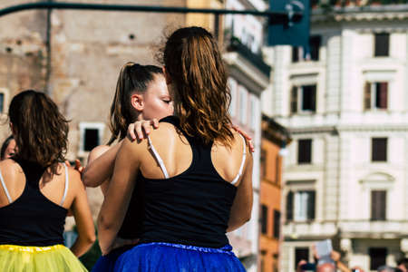 Rome Italy September 29, 2019 Celebrations of the 150th anniversary of the Italian gymnastics federation, public demonstration of young gymnasts in the streets of Rome near the Coliseumのeditorial素材