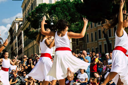 Rome Italy September 29, 2019 Celebrations of the 150th anniversary of the Italian gymnastics federation, public demonstration of young gymnasts in the streets of Rome near the Coliseumのeditorial素材