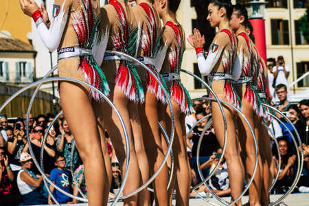 Rome Italy September 29, 2019 Celebrations of the 150th anniversary of the Italian gymnastics federation, public demonstration of young gymnasts in the streets of Rome near the Coliseumのeditorial素材