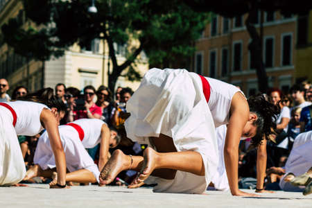 Rome Italy September 29, 2019 Celebrations of the 150th anniversary of the Italian gymnastics federation, public demonstration of young gymnasts in the streets of Rome near the Coliseumのeditorial素材