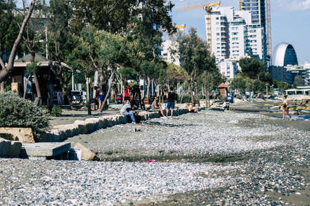 Limassol Cyprus May 06, 2020 View of unidentified people having fun on the beach of Limassol in the afternoon during the coronavirus outbreakのeditorial素材