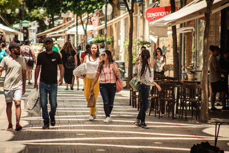 Nicosia Cyprus 04 July 2020 View of unidentified people walking in Ledra Street, the major shopping thoroughfare located in the old city of Nicosia, capital of Cyprusのeditorial素材