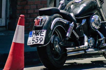 Limassol Cyprus May 06, 2020 Closeup of a motorcycle parked in the streets of Limassol in Cyprus...