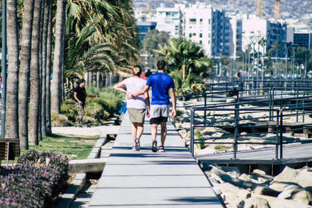 Limassol Cyprus May 06, 2020 View of unidentified people walking at the promenade front the sea in Limassol during the coronavirus outbreakのeditorial素材