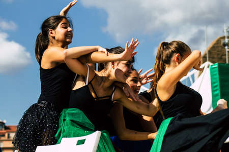 Rome Italy September 29, 2019 Celebrations of the 150th anniversary of the Italian gymnastics federation, public demonstration of young gymnasts in the streets of Rome near the Coliseumのeditorial素材