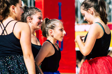 Rome Italy September 29, 2019 Celebrations of the 150th anniversary of the Italian gymnastics federation, public demonstration of young gymnasts in the streets of Rome near the Coliseumのeditorial素材