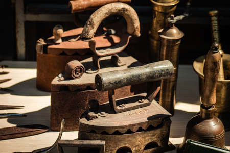Nicosia Cyprus 04 July 2020 Closeup of old second hand items sold as decorative objects in a flea market located in the old town of Nicosia, capital of Cyprusのeditorial素材