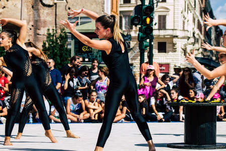 Rome Italy September 29, 2019 Celebrations of the 150th anniversary of the Italian gymnastics federation, public demonstration of young gymnasts in the streets of Rome near the Coliseumのeditorial素材
