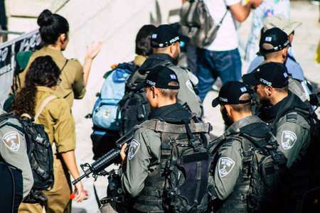 Jerusalem Israel October 6, 2019 View of the Israeli police patrolling in front of the western wall in the old city of Jerusalem in the afternoonのeditorial素材
