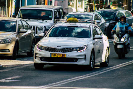 Tel Aviv Israel January 23, 2020 View of traditional Israeli taxi rolling in the streets of Tel Aviv...