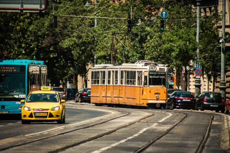 Budapest Hungary july 11, 2020 View of a traditional Hungarian electric tram for passengers driving...