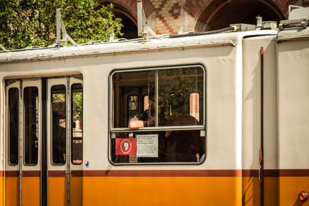 Budapest Hungary july 11, 2020 View of a traditional Hungarian electric tram for passengers driving...