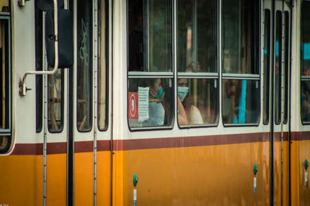 Budapest Hungary july 11, 2020 View of a traditional Hungarian electric tram for passengers driving...