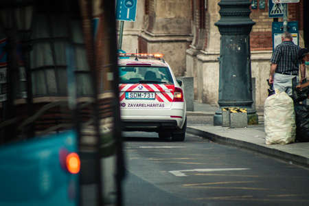 Budapest Hungary july 11, 2020 View of a traditional Hungarian public city bus for passengers driving through the streets and part of the public transport system of Budapest, the capital of Hungaryのeditorial素材