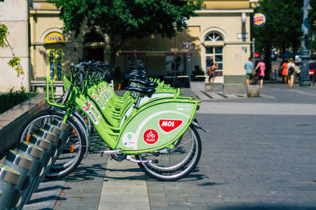 Budapest Hungary july 11, 2020 View of accessible bicycle to hire for short periods of time, usually for a few hours parked in the street and part of the public transport system of Budapest in Hungaryのeditorial素材