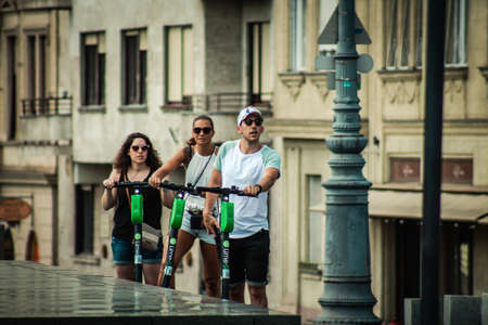 Budapest Hungary july 11, 2020 View of unidentified people rolling with a electric scooters in the...