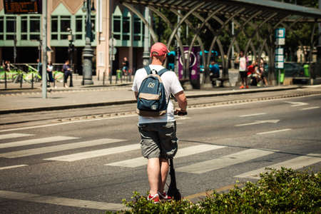Budapest Hungary july 11, 2020 View of unidentified people rolling with a electric scooters in the streets of Budapestのeditorial素材